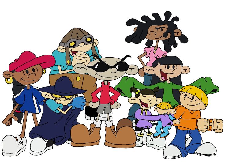 a group of cartoon characters standing next to each other