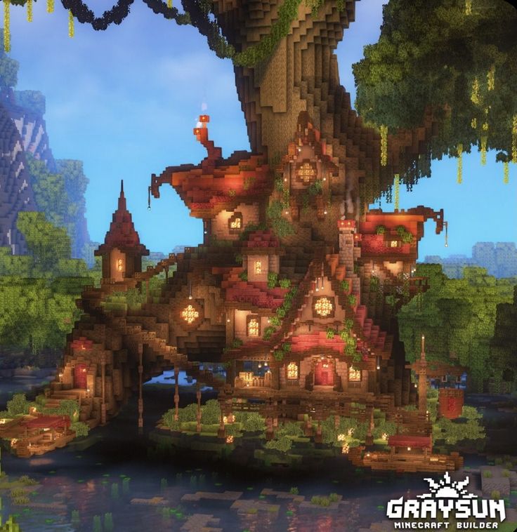 Big Fantasy House Minecraft, Cute Treehouse Minecraft, Mc Treehouse Ideas, Minecraft Trees Design Big, Minecraft Big Tree House, Minecraft Building Ideas Swamp, Minecraft Giant Tree House, Minecraft Oasis Ideas, Big Tree Minecraft Build