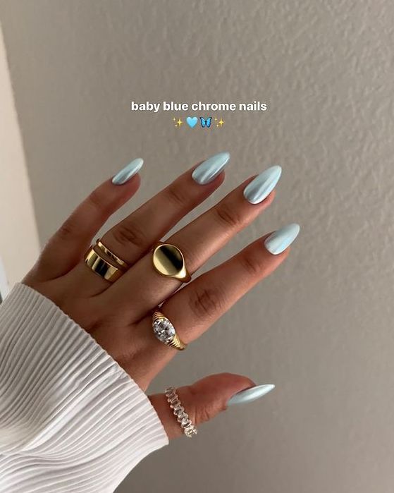 Baby blue chrome nails ✨💅🏼 | Nails | Nails 2023 trends | nail idea | nail design | nail designs summer fall blue nails ideas fall blue nails designs fall blue nails with design #fallbluenailsideas #fallbluenailsdesigns #fallbluenailswithdesign Baby Blue Chrome Nails, Baby Blue Chrome, Blue Chrome Nails, Baby Blue Nails, Nagellack Trends, Chrome Nails Designs, Blue Chrome, Summery Nails, Chic Nails