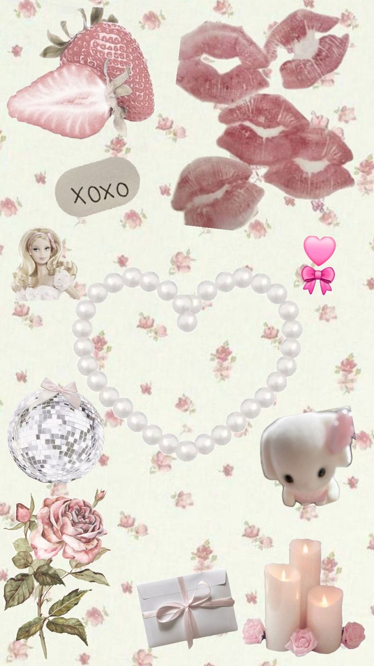 some pink and white items are arranged in the shape of a heart on a floral background