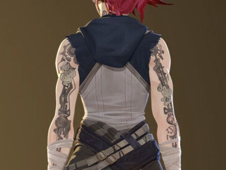 a woman with red hair and tattoos on her back is standing in front of a brown background