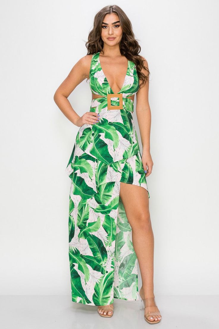 Tropical Breeze Maxi Dress Tropical Clothing, Ruched Maxi Dress, Green Leaf Print, Palm Leaves Print, Chiffon Maxi, Tie Dye Dress, Chiffon Maxi Dress, Maxi Gowns, Ruffled Maxi Dress