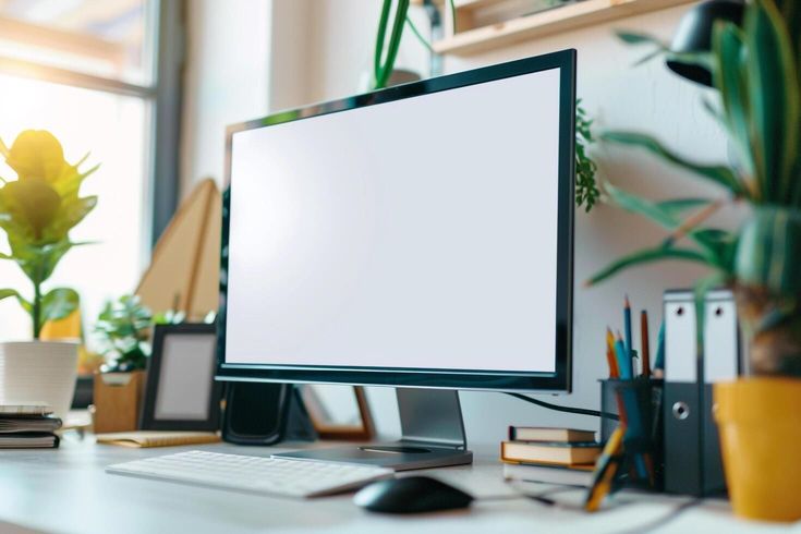 a computer monitor sitting on top of a desk next to a keyboard, mouse and plant