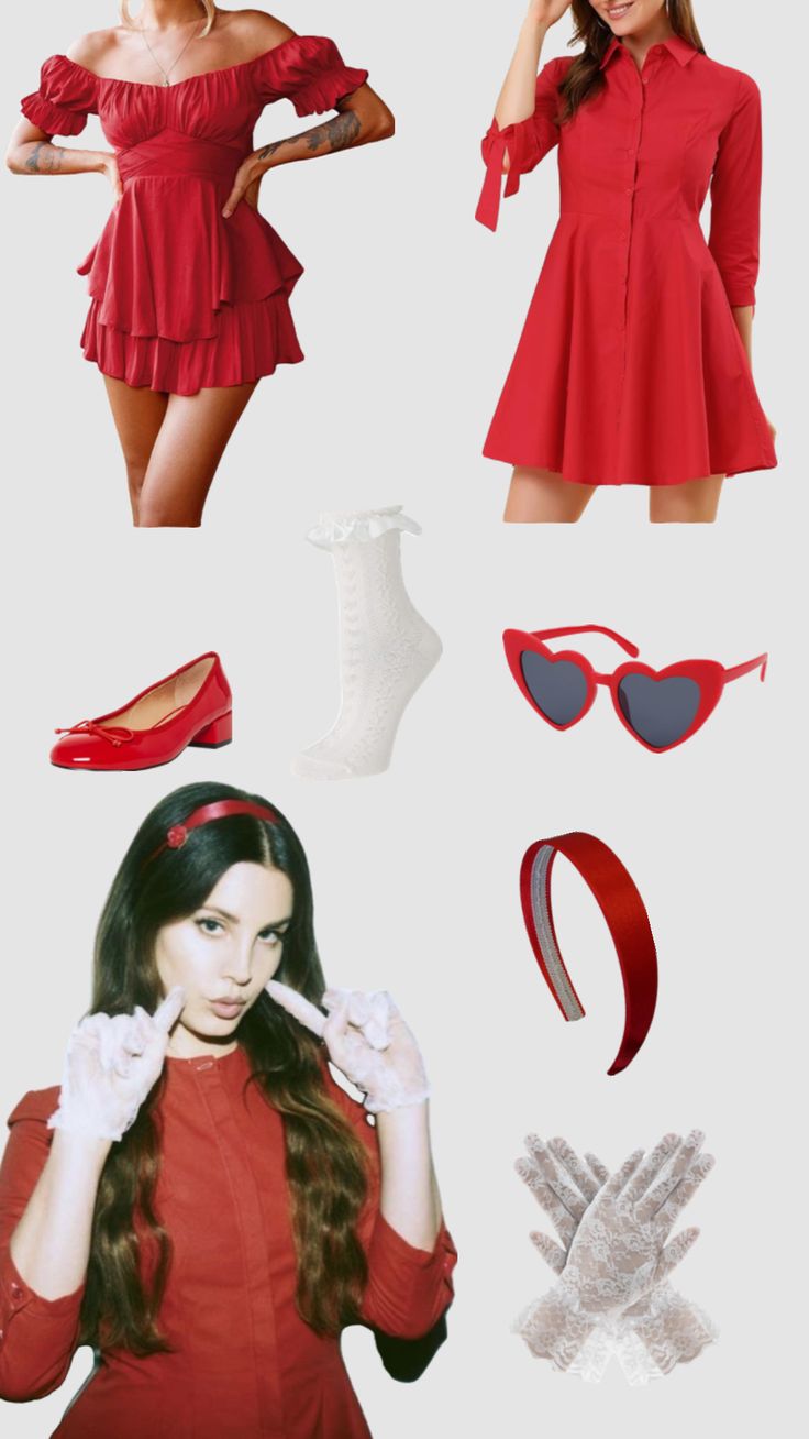 a woman wearing red clothing and accessories including gloves, socks, sunglasses, headbands