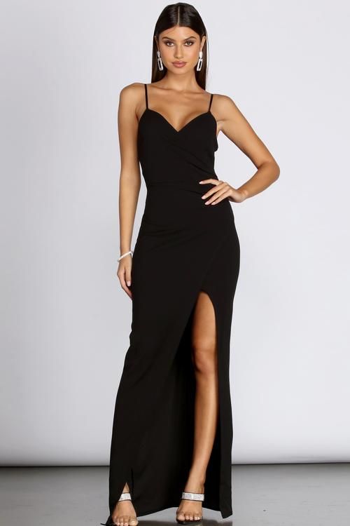 Formal Wrap Dress, Glamourous Heels, Off Shoulder Evening Gown, Wrap Dress Styles, Royal Dresses, Mini Skater Dress, Windsor Dresses, Crepe Dress, Mini Black Dress