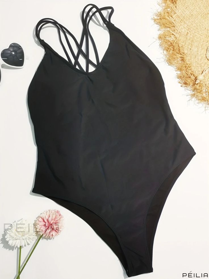 Peilia - Womens Black V Neck One Piece Swimsuit with Criss Cross Back, Backless Design, Tummy Control and High Cut, Ideal for Beachwear and Pool Parties Black Triangle Top Bodysuit For Vacation, Black Strappy Lined Swimwear, Black Halter Neck Bodysuit For Beach, Black Halter Neck Bodysuit For The Beach, Black Halter Neck Summer Bodysuit, Backless Black Tankini For Beach, Black Strappy Swimwear For Summer, Black Strappy Beachwear Bodysuit, Black Strappy Bodysuit For Beachwear