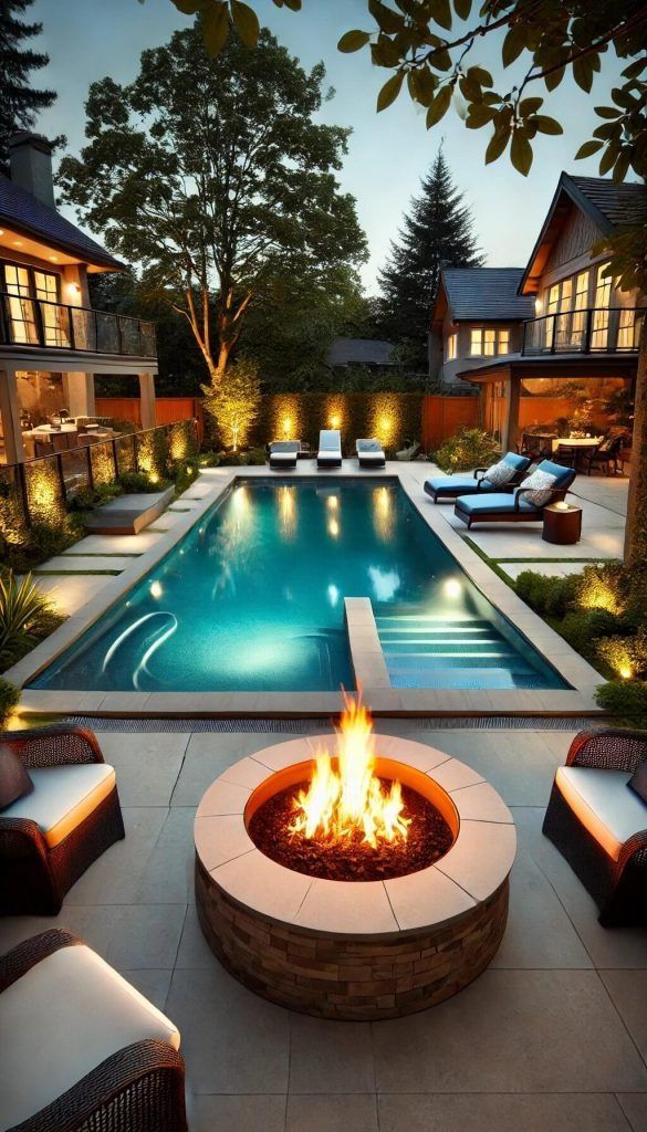 an outdoor fire pit in the middle of a backyard with lounge chairs around it and a swimming pool