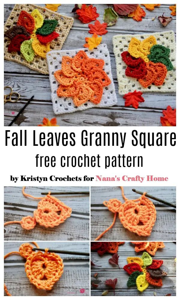 the fall leaves granny square crochet pattern is shown in four different colors and sizes