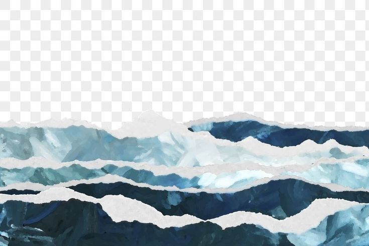 an abstract watercolor painting with blue and white mountains in the distance, on transparent background