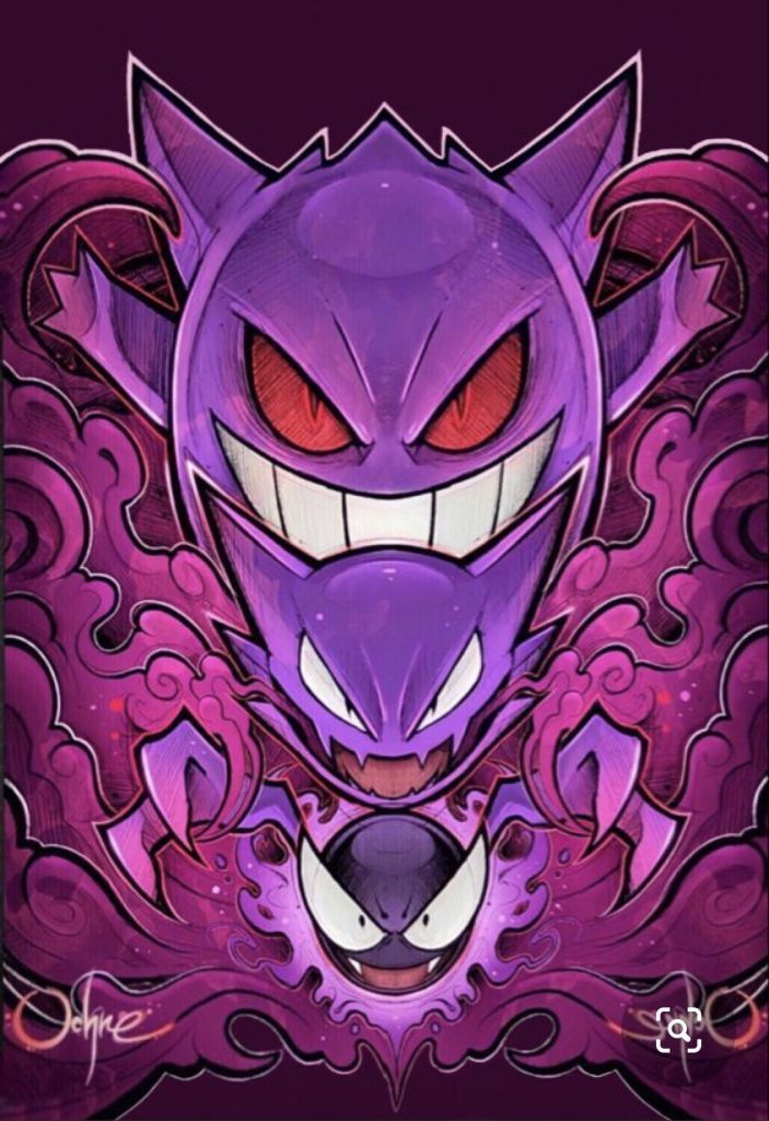 an image of a purple demon with big red eyes and fangs on it's face