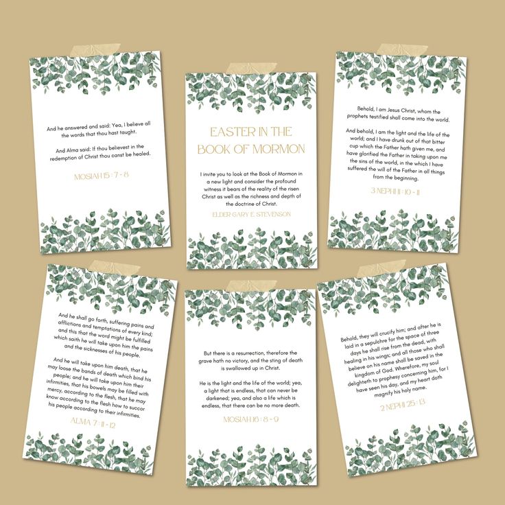 four wedding cards with green leaves on them