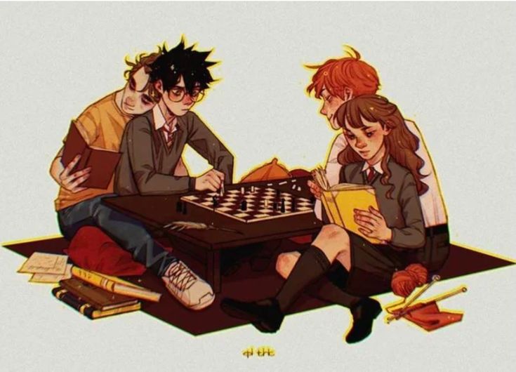 three people sitting at a table playing checkers with books and pencils on the floor