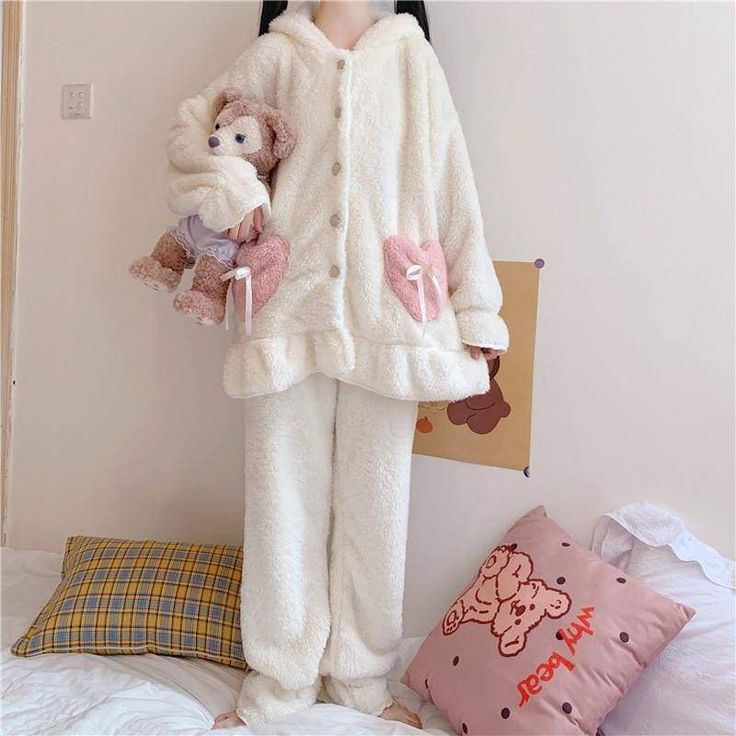 Cute Rabbit Ears Hooded Pajamas Set MK15477 - KawaiiMoriStore Cute Sleepwear, Heart Pocket, Free Dresses, Cute Rabbit, Rabbit Ears, Pajamas Set, Kawaii Clothes, Sweet Dress, Nightwear