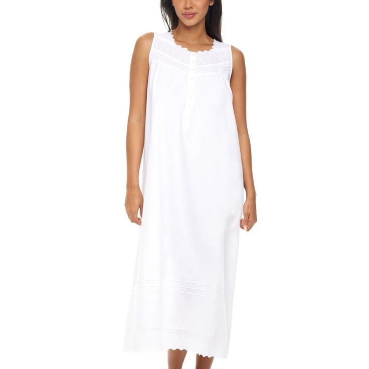 This soft 100 percent cotton poplin nightgown for women from Alexander Del Rossa is comfortable, durable, and classy. Made from a premium 100% cotton fabric, this women's vintage looking nightgown is breathable and easy on the skin. Designed with you in mind, this victorian nightgown is perfect for lounging around the house - even when guests are present. Wide cotton lace shoulder straps, above pintucks and gathered front yoke. Narrow front placket features 8 pearl shell buttons. Back is gathere Elegant Night Cotton Dresses, Elegant Cotton Dress For Night, Elegant Sleeveless Nightgown For Home, Elegant Cotton Sleepwear For Night, Elegant Cotton Nightgown For Spring, Elegant Cotton Nightgown, Classic Cotton Nightgown For Sleep, Elegant Cotton Nightgown For Bedtime, Elegant Cotton Nightgown For Daywear