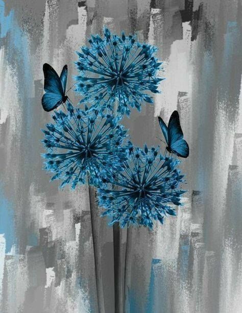 blue flowers and two butterflies in a vase on a gray, white and blue background