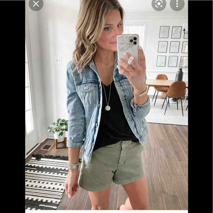 Chino Khaki Shorts Never Used Olive Green Color Aloha Casual Attire Women, Green Shorts Outfits, Shorts Outfits Women Casual, Sage Green Shorts Outfit, Shorts Teacher Outfit, Summer Athleisure Shorts, Fall Outfit With Shorts, Fall Shorts Outfits Women, Capri Shorts Outfit