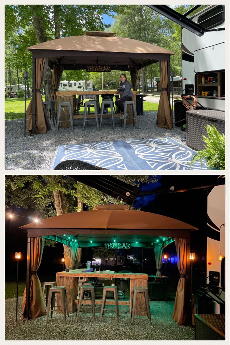 an outdoor dining area with tables, chairs and a tent in the background at night