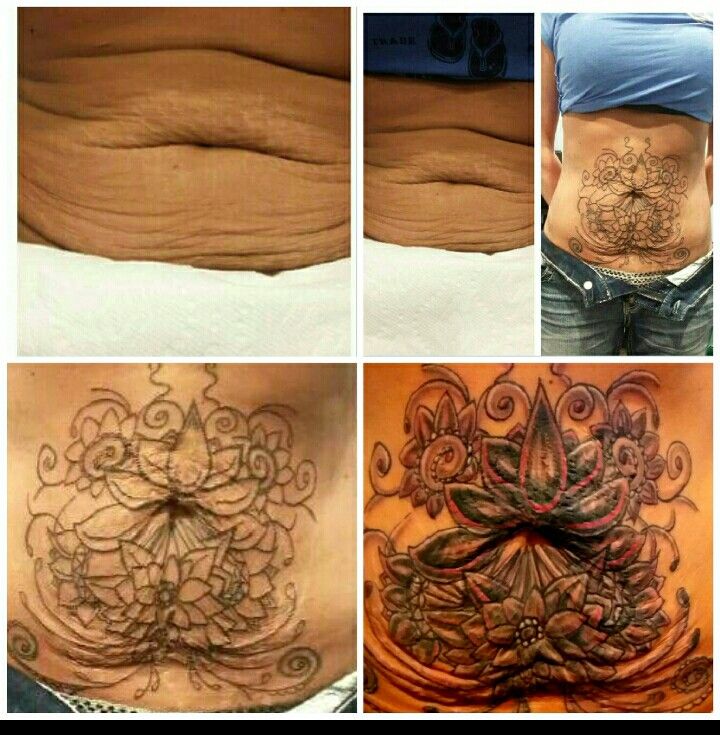 four pictures show different types of tattoos on women's stomachs and abdomens