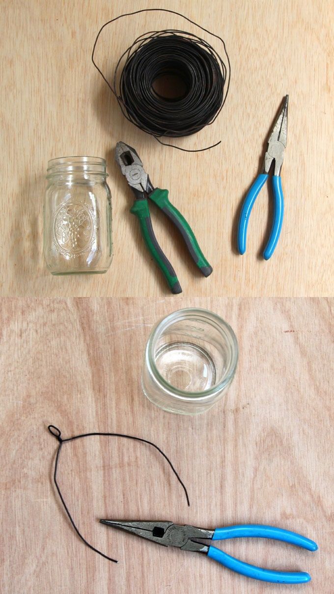 the supplies needed to make this craft include wire, scissors, and thread on a wooden surface