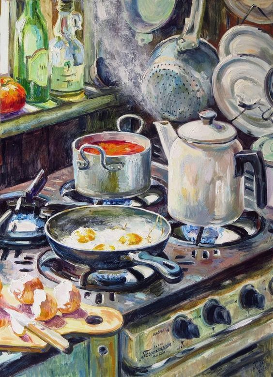 an oil painting of pots and pans on a stove top with other cooking utensils