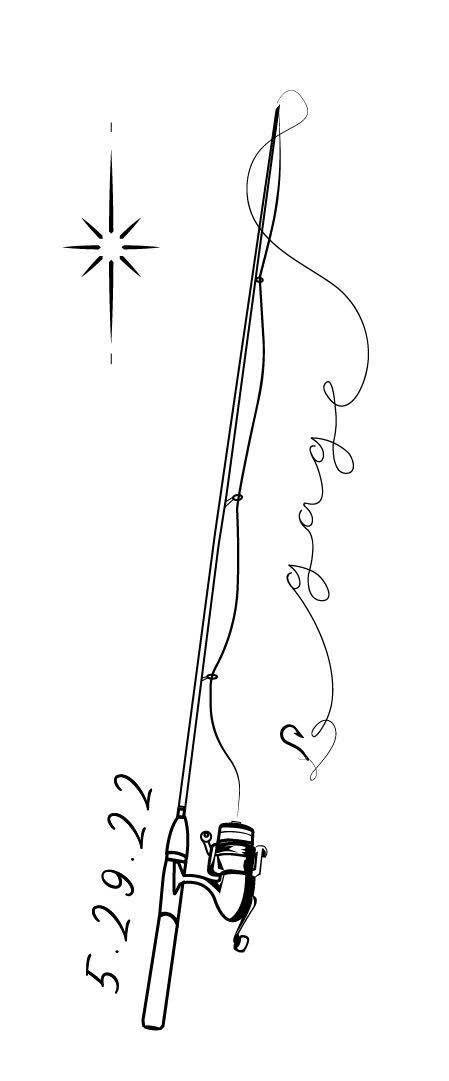 a drawing of a fishing rod with a fish hook attached to it, and a star in the background