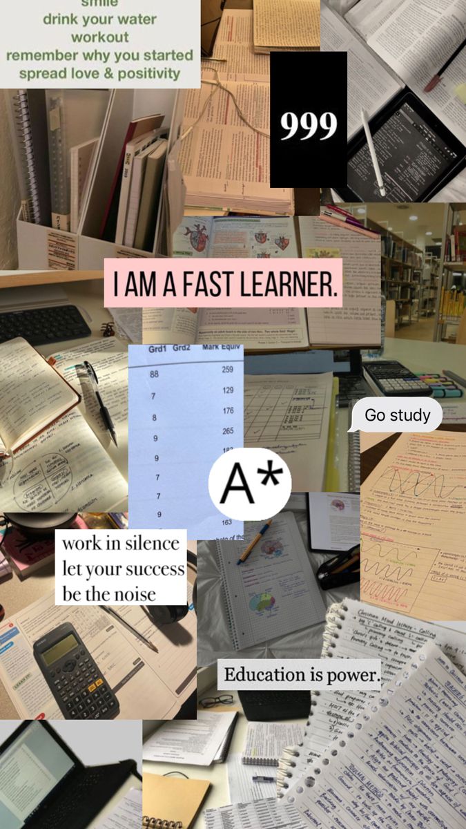 a collage of books and papers with the words i am fast learner written on them