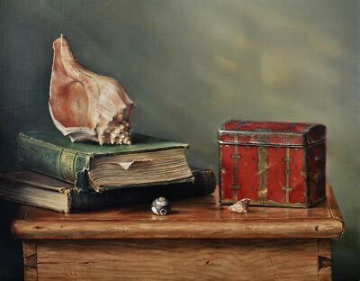 a painting of a piece of meat on top of books