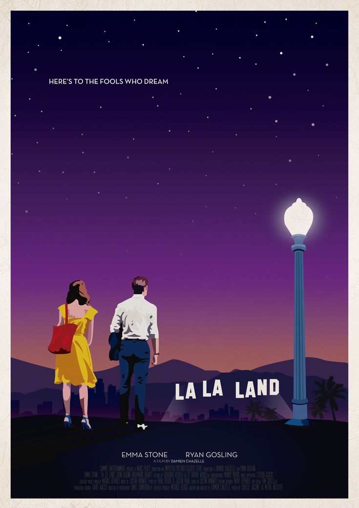 a movie poster for la la land with a man and woman looking at the sky