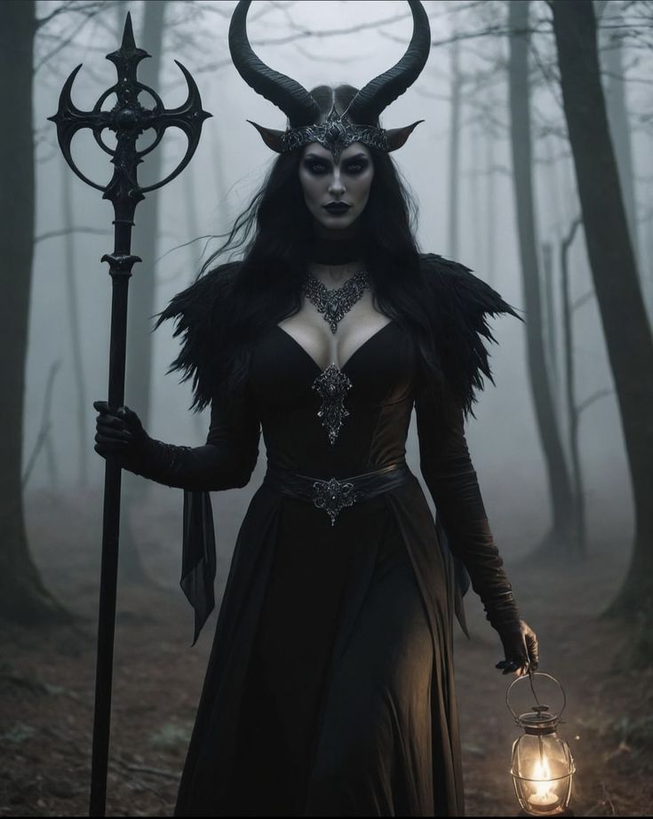 a woman dressed in black with horns holding a lantern