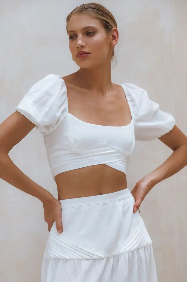 Blanca Linen Crop Top - crop top Chic Linen Crop Top For Vacation, Spring Beach Crop Top With Square Neck, Fitted Smocked Bodice Crop Top, Chic Linen Crop Top For Spring, Square Neck Crop Top For Spring Vacation, Summer Ruched Square Neck Crop Top, Chic Square Neck Crop Top For Beach, Fitted Puff Sleeve Crop Top With Smocked Back, Fitted Crop Top With Smocked Back And Puff Sleeves