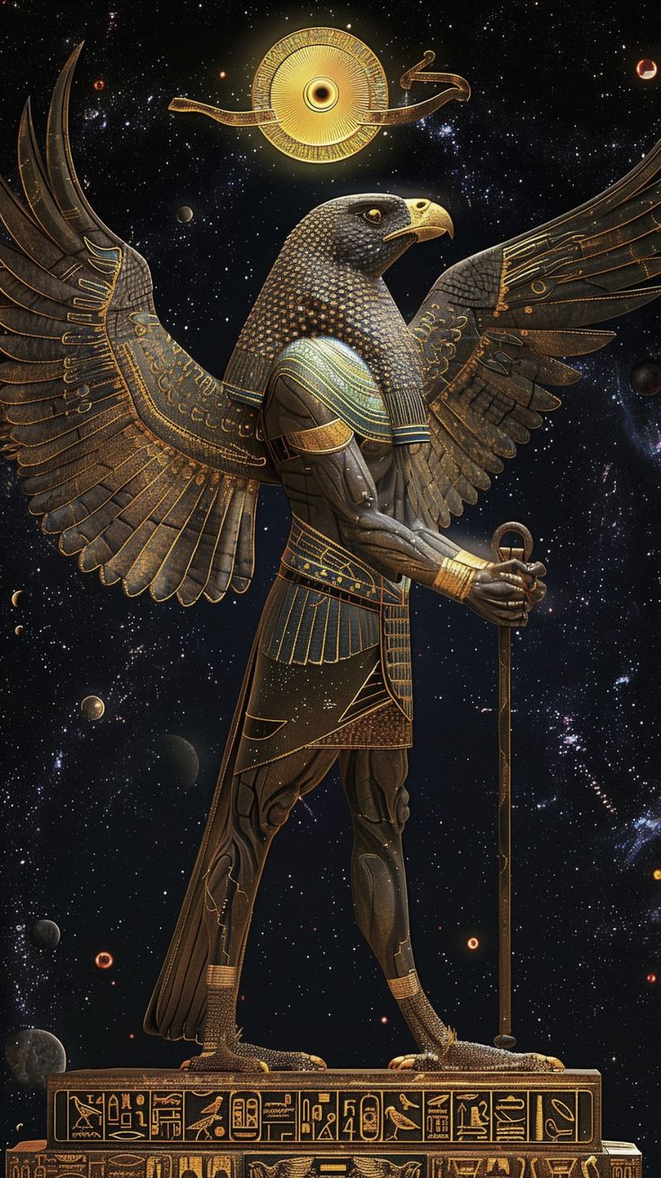 an egyptian statue is shown in front of the night sky with stars and planets around it