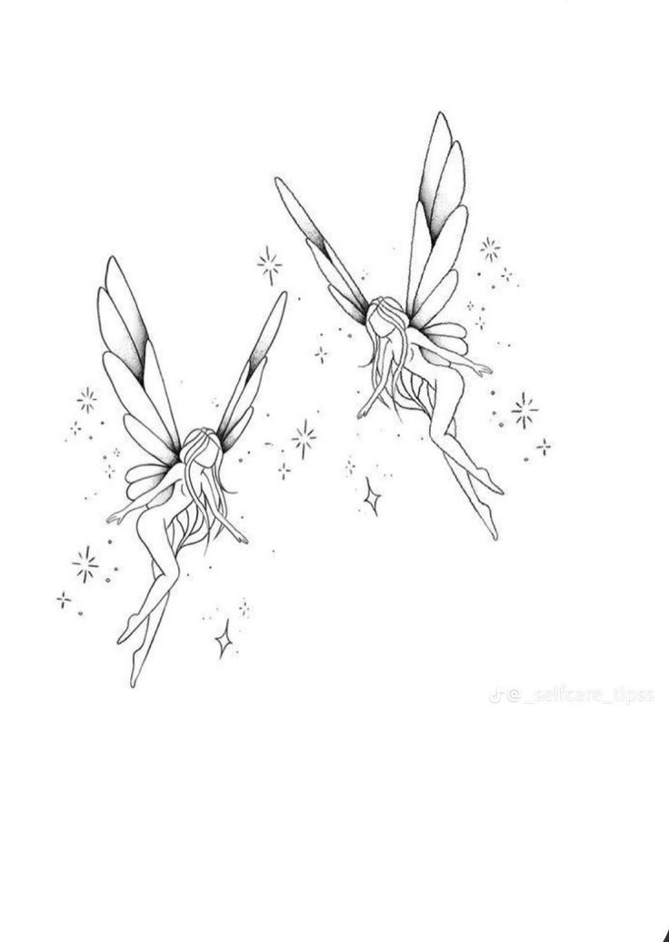 two fairy tinkerbells flying through the air with stars in their wings tattoo design