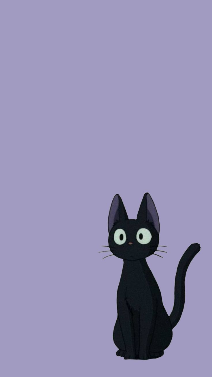 a black cat sitting on top of a purple floor next to a white wall with green eyes