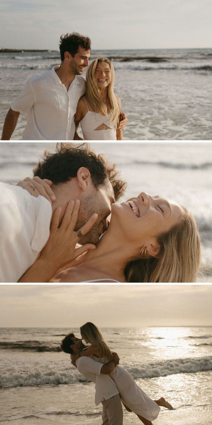 two people are kissing on the beach and one person is holding his head up in the air