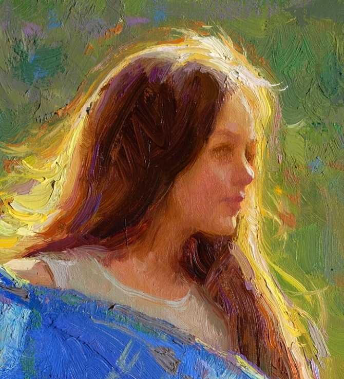 an oil painting of a woman with long hair and blue shirt looking off to the side