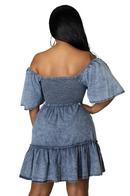 Details-Fashion denim dress, short sleeves, Smocked bodice, summer look baby doll style Model size small 5'8" 34D"-25"-40" S: Bust 23-39 in, Length 36 inM: Bust 24-41 in, Length 36 inL: Bust 25-42 in, Length 37 inXL: Bust 26-44 in, Length 37 in Fabric Contents: POLYESTER COTTON Non-stretch Mini Dress With Ruffles And Short Sleeves, Blue Non-stretch Denim Dress With Short Sleeves, Medium Wash Denim Dresses With Short Sleeves, Medium Wash Denim Dress With Short Sleeves, Medium Wash Denim Short Sleeve Dress, Short Sleeve Denim Dress For Day Out, Light Blue Short Sleeve Cotton Denim Dress, Summer Mini Dress With Short Sleeves In Medium Wash, Light Blue Short Sleeve Denim Dress