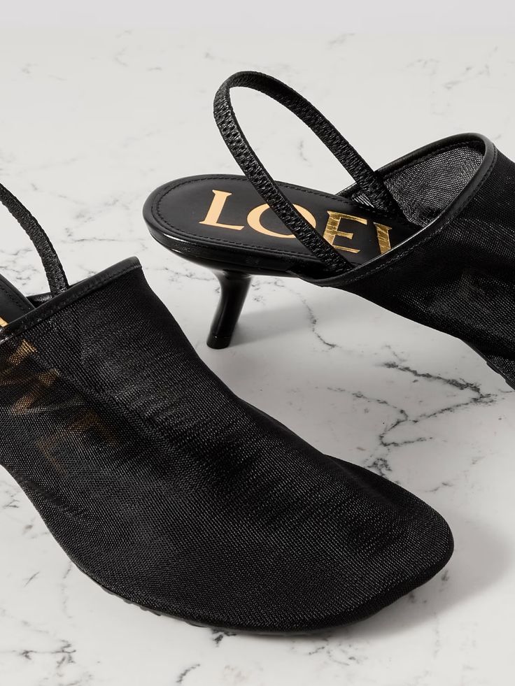 LOEWE Petal leather-trimmed mesh mules | NET-A-PORTER Slingback Mules, Black Kitten Heels, Kitten Heel Shoes, Flat Dress Shoes, Floral Dresses Short, Ballet Pumps, Pump Sandals, Ski Wear, Beauty Accessories