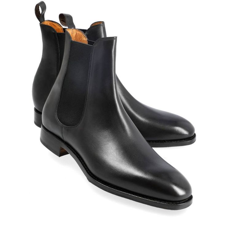 CHELSEA ANKLE BOOT IN BLACK VITELLO Formal Boots With Heel Pull Tab And Round Toe, Formal Round Toe Boots With Heel Pull Tab, Luxury Black Chelsea Boots With Snip Toe, Luxury Black Snip Toe Chelsea Boots, Round Toe Boots For Winter Galas, High Ankle Black Chelsea Boots For Formal Occasions, Black High Ankle Chelsea Boots For Formal Occasions, Winter Gala Boots With Round Toe, Black Chelsea Boots With Leather Sole For Galas