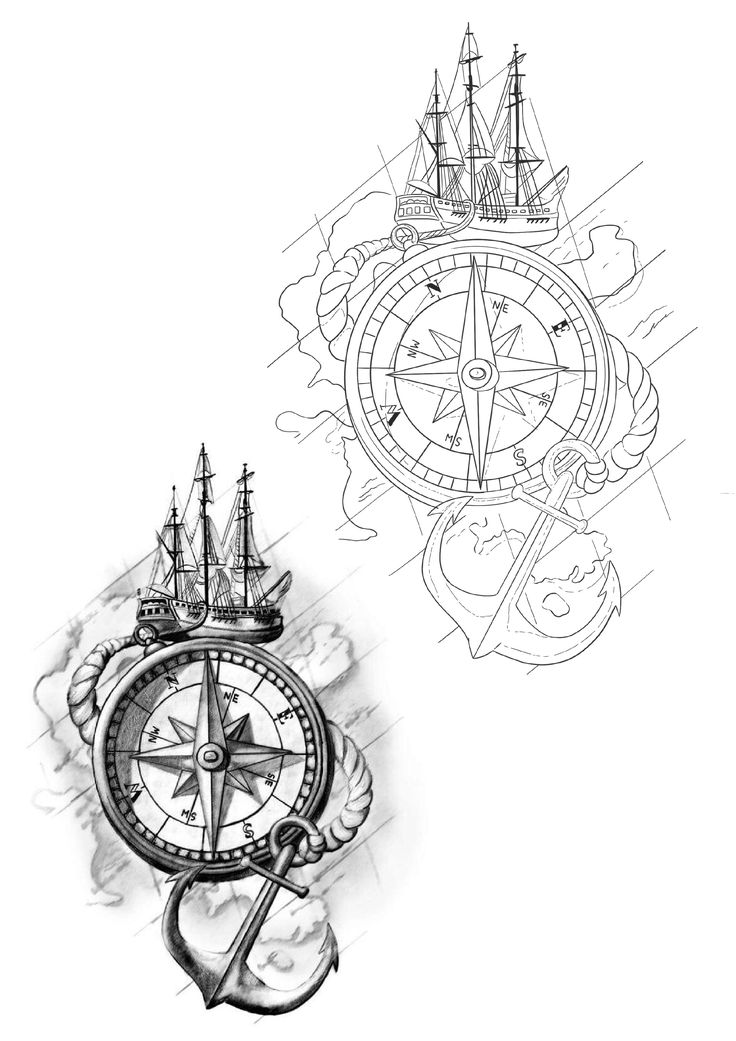 a drawing of a compass and ship on a white background