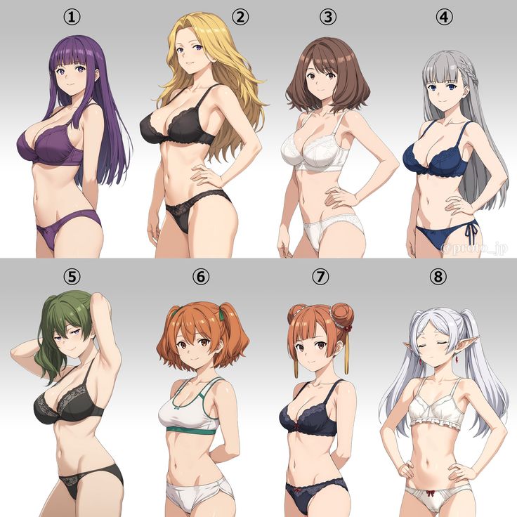 an anime character's body is shown in six different poses, including bikinis and panties