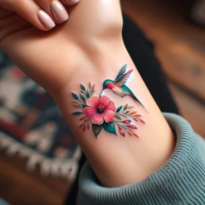 a woman's arm with a hummingbird and flowers tattoo on it