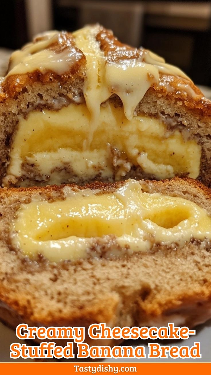 Indulge in Creamy Cheesecake-Stuffed Banana Bread! Banana Bread Cheesecake Recipe, Cheesecake Stuffed Banana Bread, Banana Bread Cheesecake, No Rise Bread, Moist Banana Bread, Cheesecake Filling, Recipes Appetizers And Snacks, Afternoon Snack, Marinade Recipes