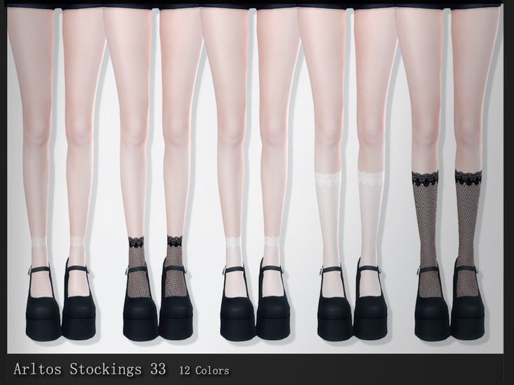 six pairs of women's socks with black heels and stockings on the legs, all showing