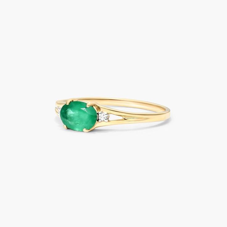 14K Yellow Gold Oval Emerald and Diamond Accent Birthstone Ring East West Emerald Ring, Jewelry Diamonds, Diamond Settings, Engagement Ring Styles, Fancy Color Diamonds, East West, Diamond Design, Emerald Ring, Birthstone Ring