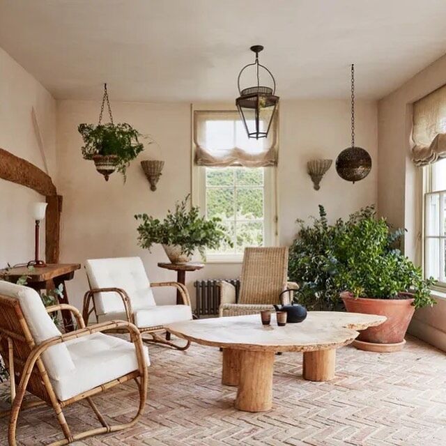 a living room filled with furniture and potted plants