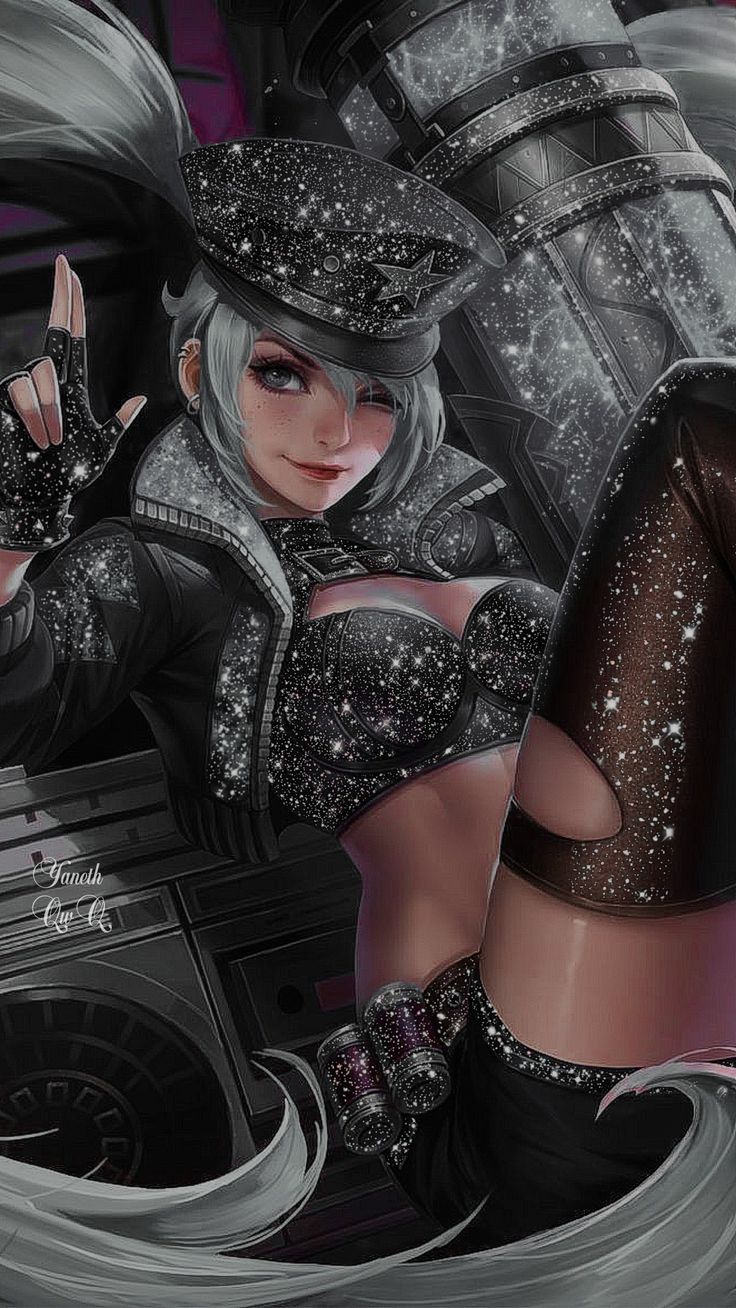 an illustration of a woman dressed in black and silver with stars on her hat, holding a boombox