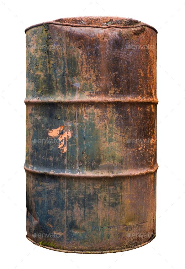 an old metal barrel with rusted paint on the bottom and sides, isolated against a white background