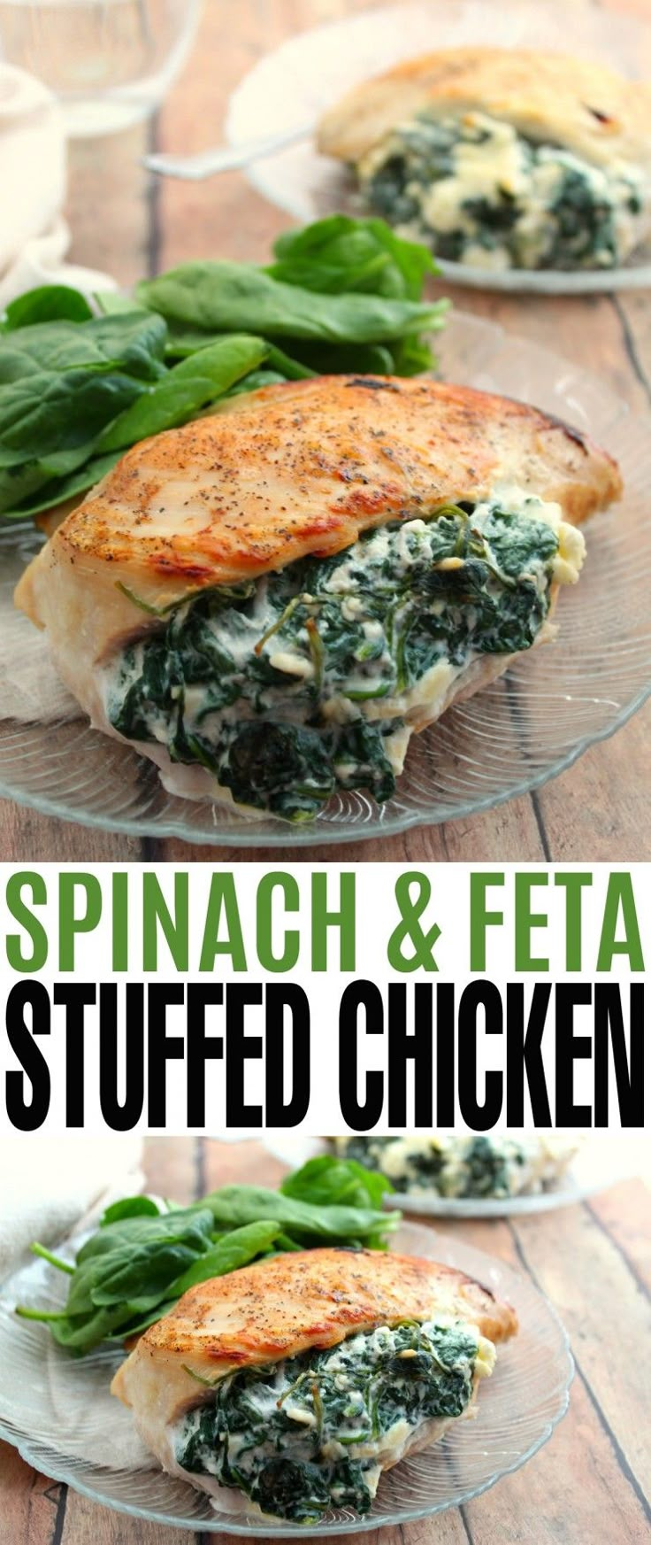 spinach and feta stuffed chicken on a glass plate