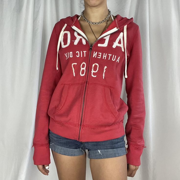 Y2K Aeropostale pink/red zip up hoodie with white... - Depop Small Zip Up Hoodie Outfit, Red Zipper Hoodie Outfit, Red Zip Up, Red Zip Up Hoodie, Y2k Aeropostale, 2000s Clothes, Hoodie Outfit, Cute Fits, Zipper Hoodie