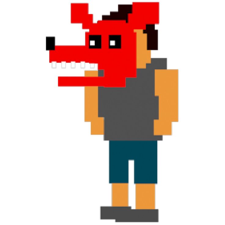 a pixel art image of a red dragon wearing a black shirt and blue shorts with his mouth open